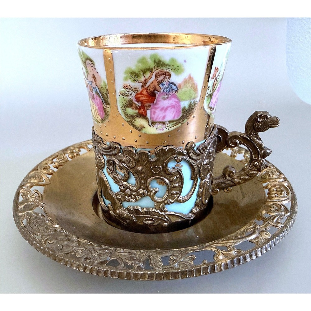 Antique Vienna‑Style Porcelain Cup w/ Ornate Silverplate Holder & Saucer‎